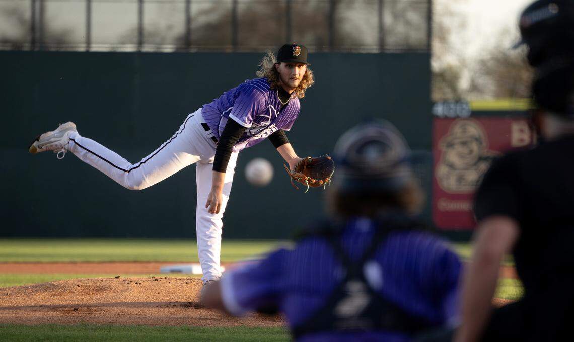 Modesto Nuts starter Walter Ford delivers a pitch during the game with San Jose at John Thurman Field in Modesto, Friday, April 4, 2025.
