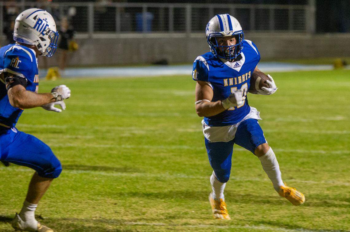 Brady Grondz, 10, of Ripon Christian finds a hole in Golden Sierra defense that allowed him into the end zone for a touchdown Friday Nov. 03, 2023 at Ripon Christian.