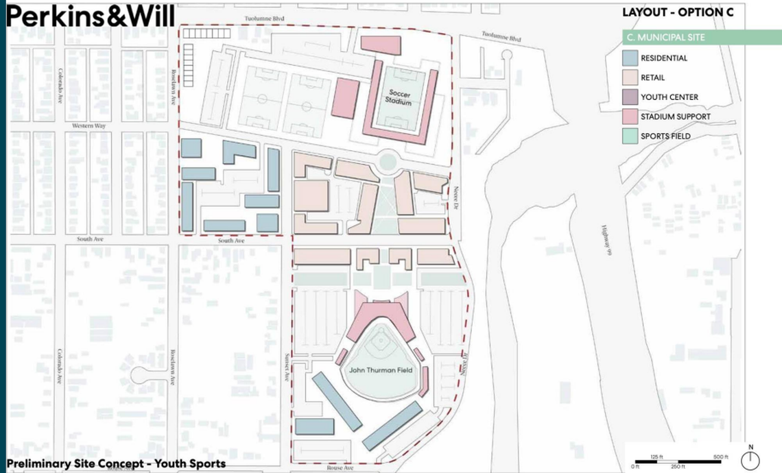 A diagram of the proposed West Modesto location for a professional soccer stadium location. The location proposed would be on the former grounds of the Modesto Municipal Golf Course, which closed in 2020.