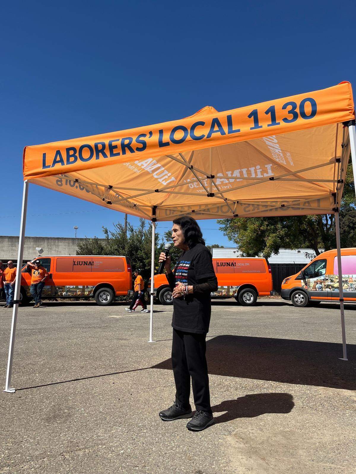 Labor activist Dolores Huerta delivers a speech to union members in Modesto, Calif. on September 14, 2024.
