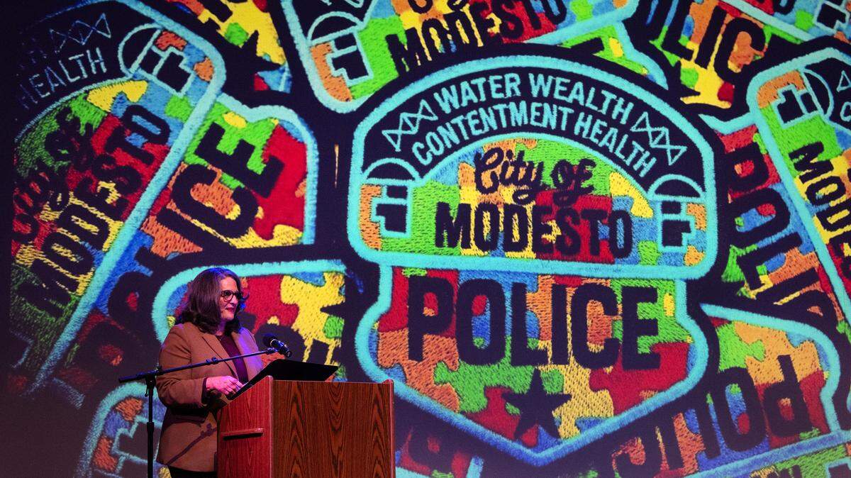 During her State of the City presentation at the State Theatre in Modesto, Calif., Thursday, March 7, 2024, Modesto Mayor Sue Zwahlen acknowledged the autism certification earned by the Modesto Police Department.