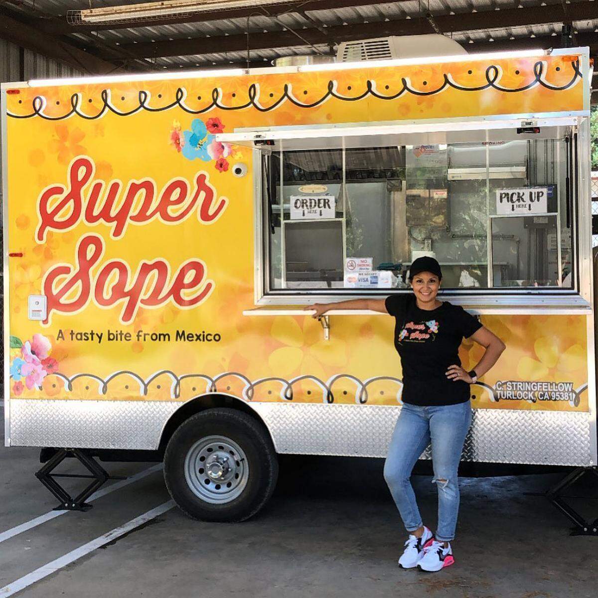 Turlock resident Carina Stringfellow posed with her new Super Sope food trailer, which debuted in downtown Denair, Calif. in July 2020.