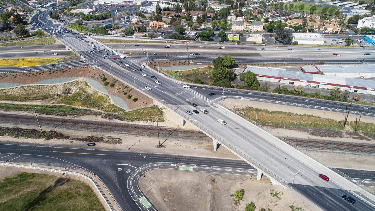Carpenter Road crosses Highway 99 and Union Pacific tracks in Modesto, Calif., on Saturday, April 3, 2021.