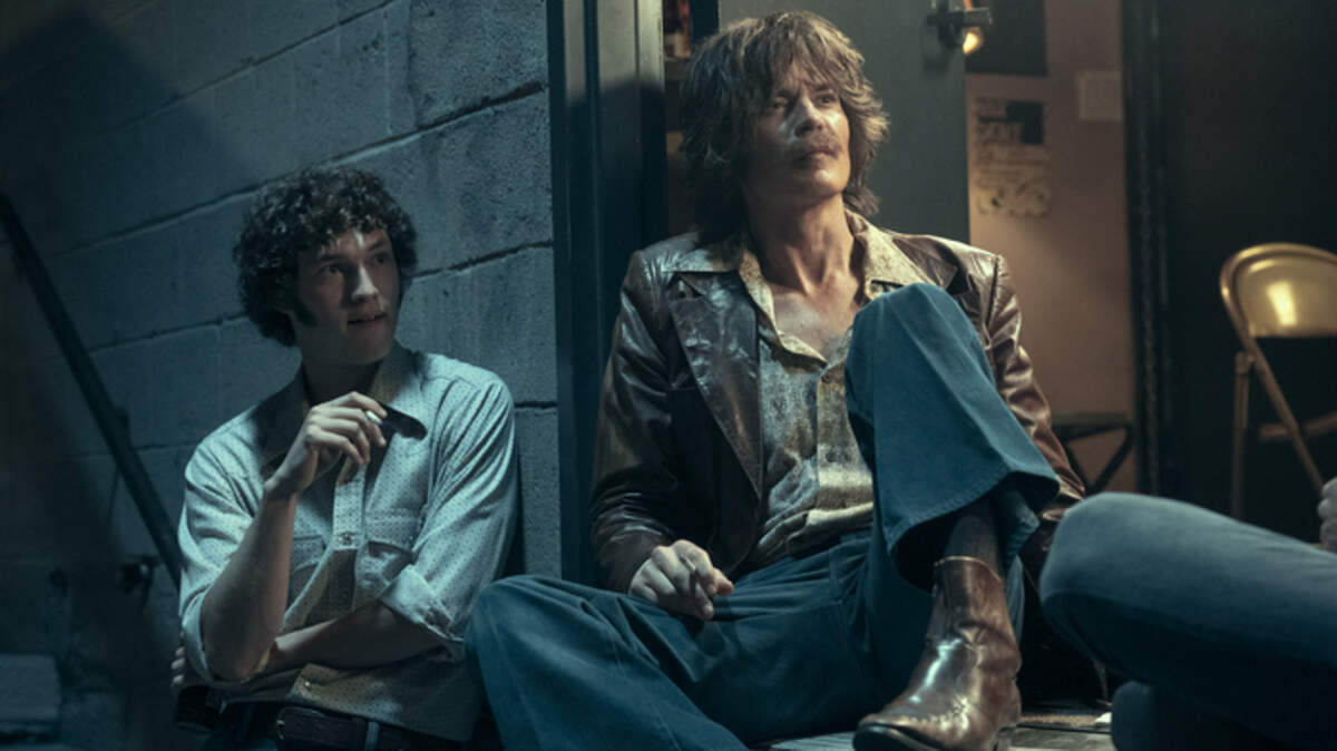 Will Harrison, left, and Timothy Olyphant appear in a scene from ‘Daisy Jones and the Six.’