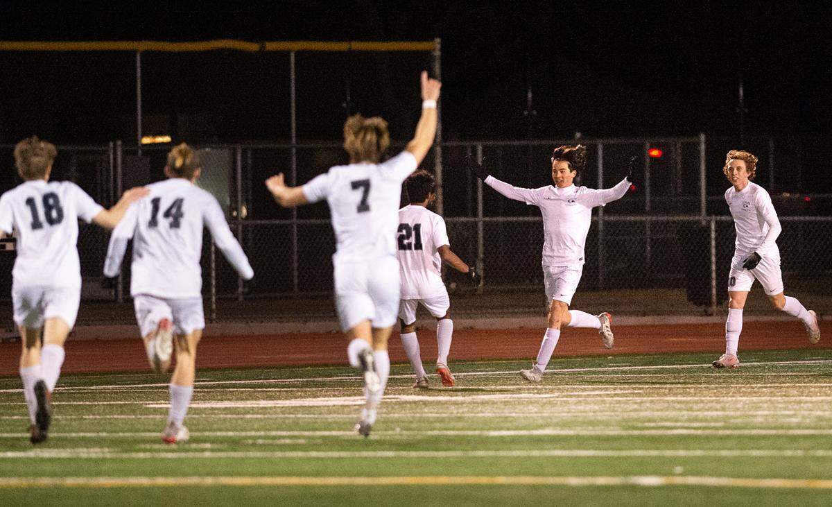 Vista del Lago player celebrate a goal in the Sac-Joaquin Section Division III title game against Patterson at Turlock High School in Turlock, Calif., on Tuesday, Feb. 22, 2022. Vista del Lago won the championship 2-0.