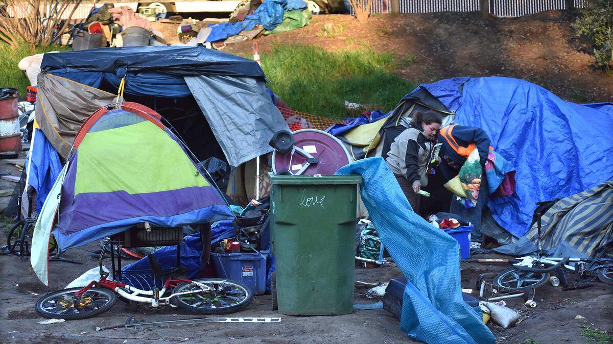 Homeless camps at Modesto’s Beard Brook in 2019.