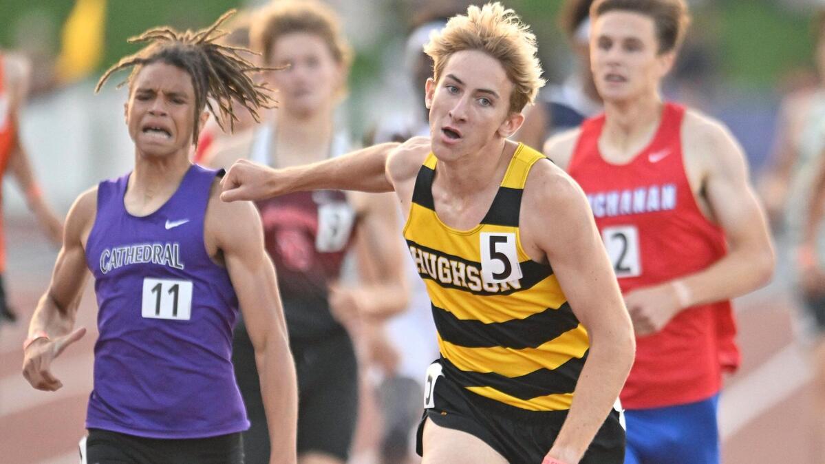Hughson’s Joseph Lighthall, center, places first in the Boys 800m Run at the 2023 CIF California Track & Field State Championship finals Saturday, May 27, 2023 in Clovis.