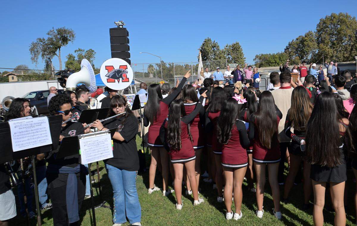 The Modesto High band performs as students sing the school song during a groundbreaking ceremony at Modesto High School in Modesto, Calif., Tuesday Oct. 8, 2024.