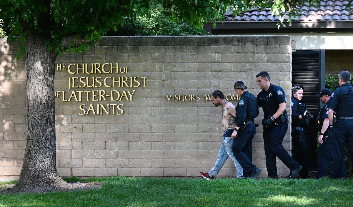 A man was arrested after climbing on the roof of the Church of Jesus Christ of Latter-day Saints church on Dale Road in Modesto, Calif., on Tuesday, April 26, 2022. The man destroyed several areas of the tile church roofing.