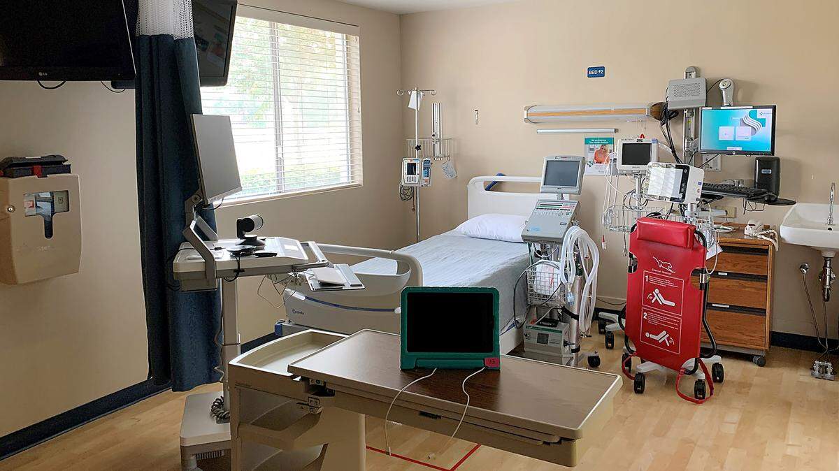 The ICU set-up at Memorial Hospital Los Banos equipped with devices for communicating with the e-ICU. Los Banos, CA. Photo courtesy of Sutter Health.