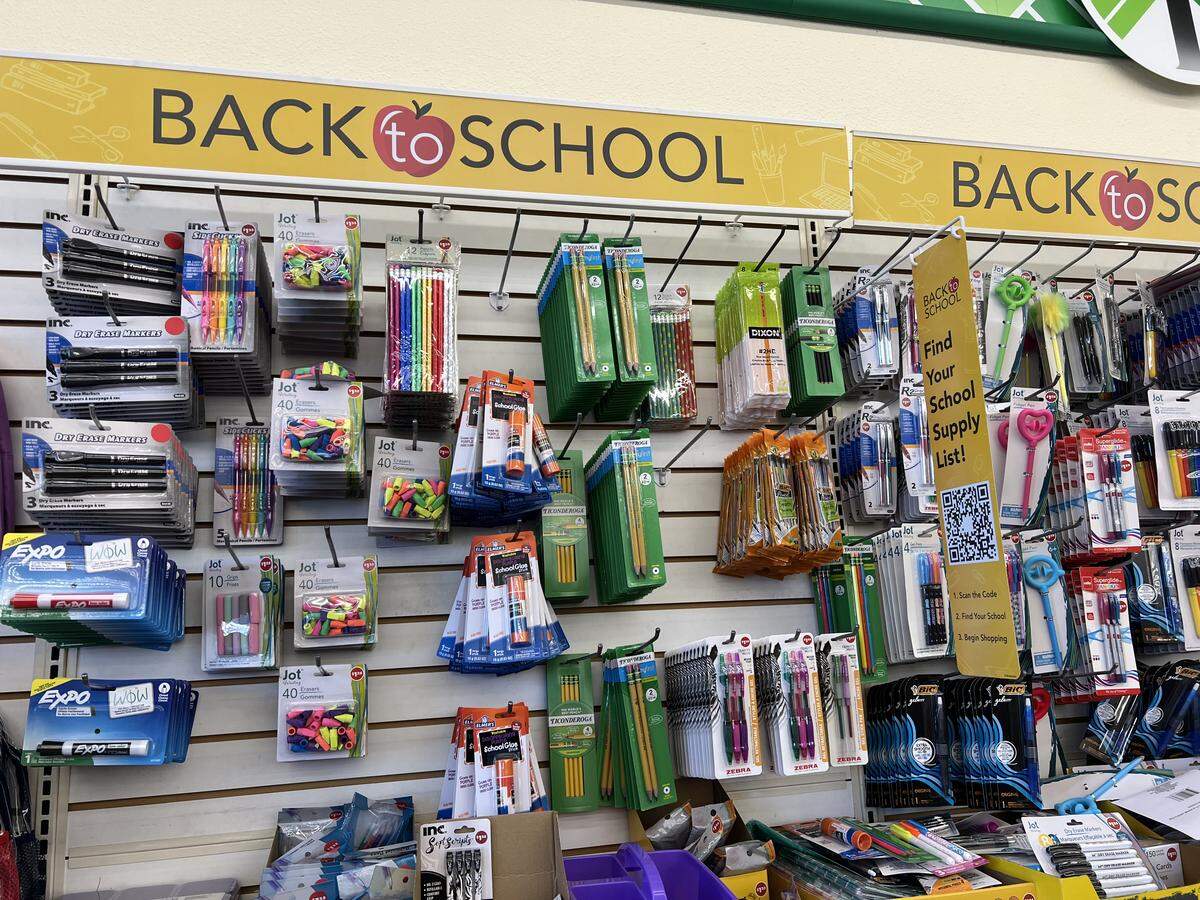 School supplies for sale at Dollar Tree in Modesto.