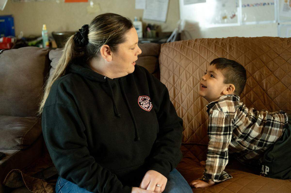 Emily Petersen with her son Matthew, 4, at their home in unincorporated Stanislaus County, Thursday, Feb. 19, 2026. The Petersen well water has tested almost nine times over the safe drinking limit for 1,2,3 TCP so they have been drinking bottled water provided by the Valley Water Collaborative.