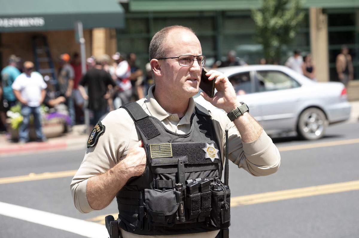 Stanislaus County Sheriff Jeff Dirkse keeps an eye on a demonstration in support of George Floyd in Oakdale in June 2020.