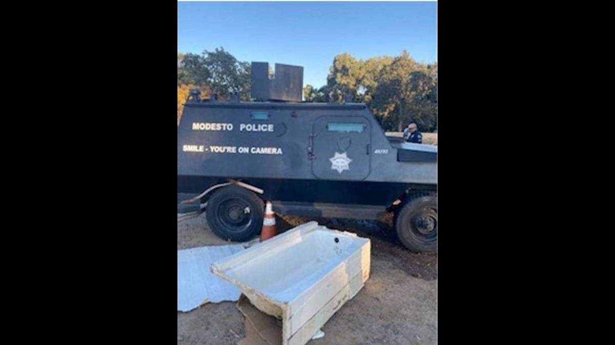 A suspect faces arson charges for allegedly setting a Modesto police surveillance vehicle and vegetation on fire in Tuolumne River Regional Park on Saturday, July 2, 2022.