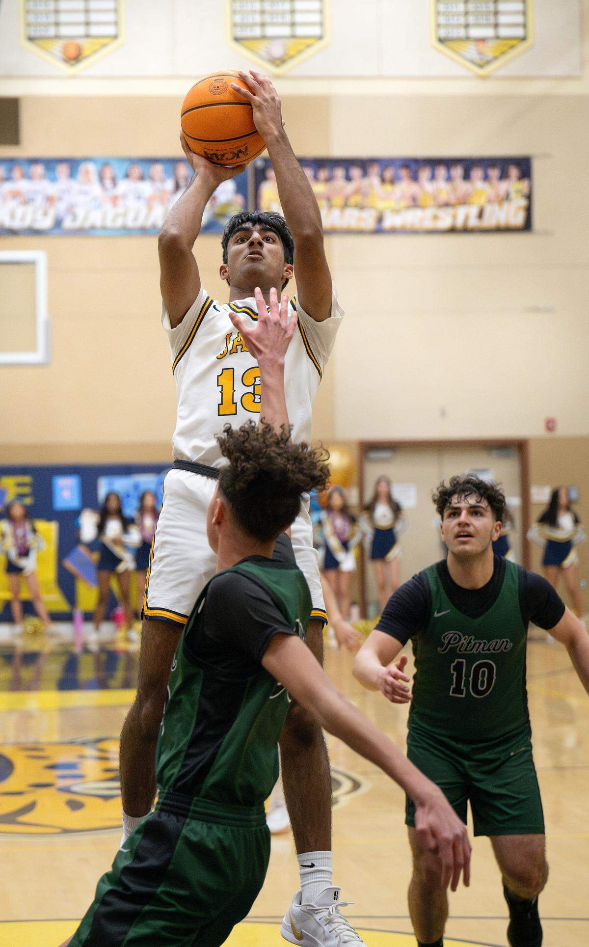 Gregori’s Rajan Sandhu scores with a jumpshot during the Central California Athletic League game with Pitman at Gregori High School in Modesto, Wednesday, Feb. 12, 2025.