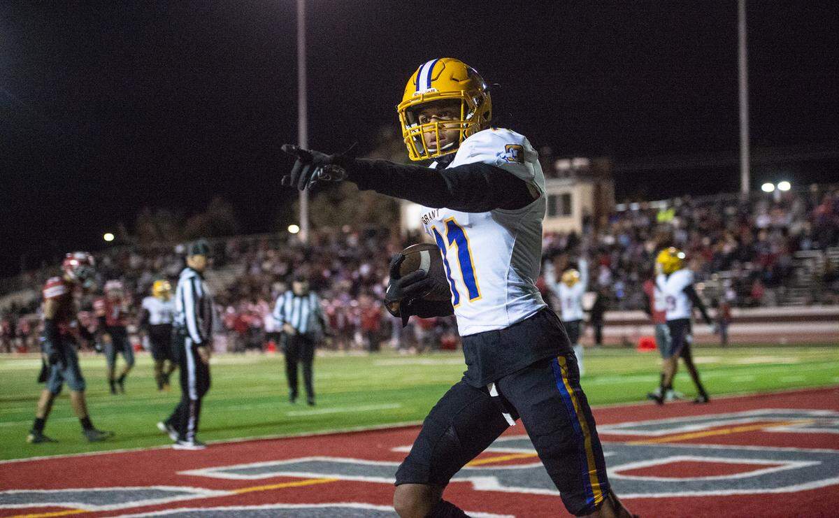 Grant’s Kenyon Shabazz reacts after a touchdown catch during a Sac-Joaquin Section Division III semifinal with Patterson in Patterson, Calif., Friday, Nov. 18, 2022. Grant won 80-44.