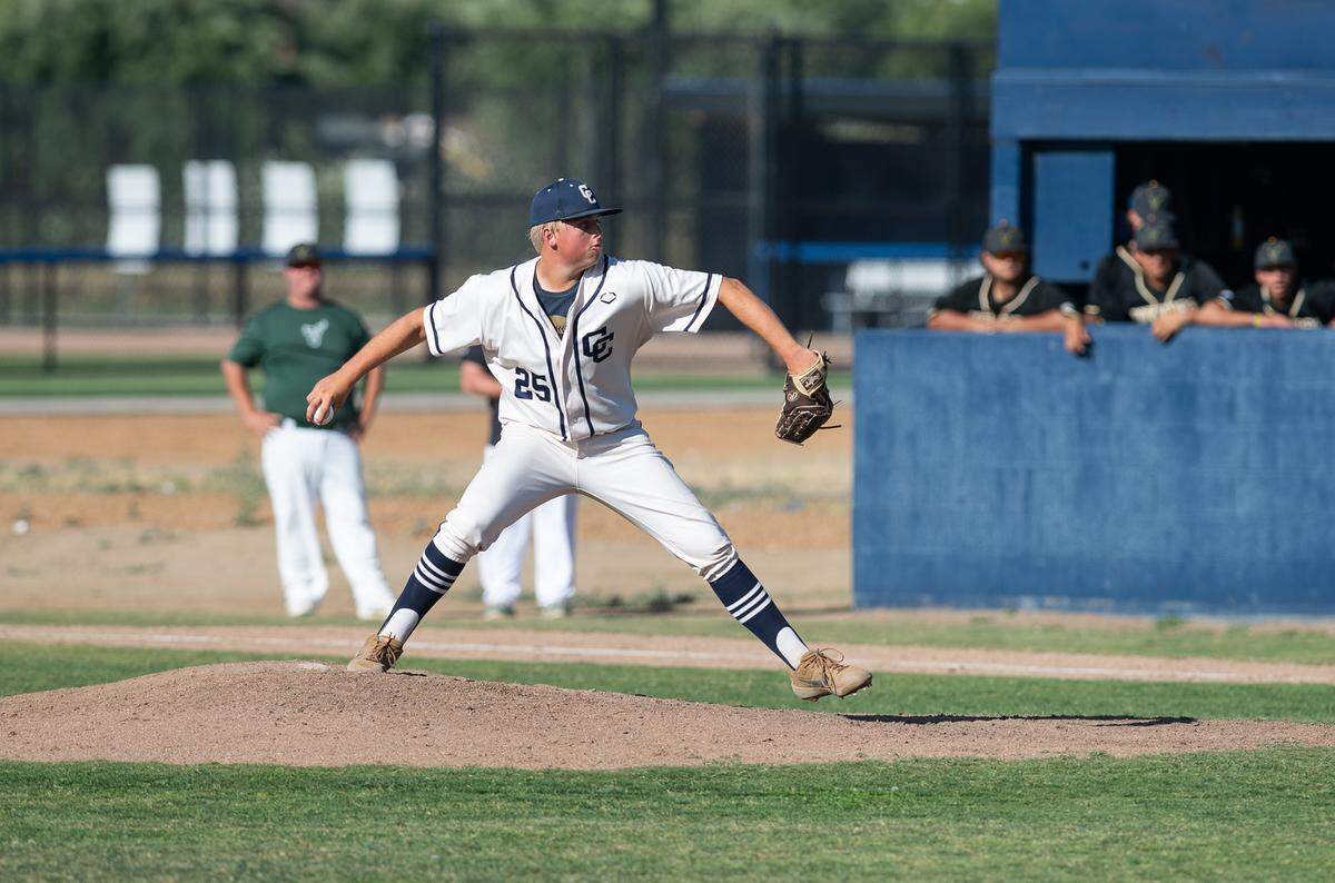 Central Catholic pitcher Nolan Anderson pitched a complete game victory over Vanden in the CIF Sac-Joaquin Section Division III semifinal at Central Catholic High School in Modesto, Calif., on Wednesday, May 18, 2022.