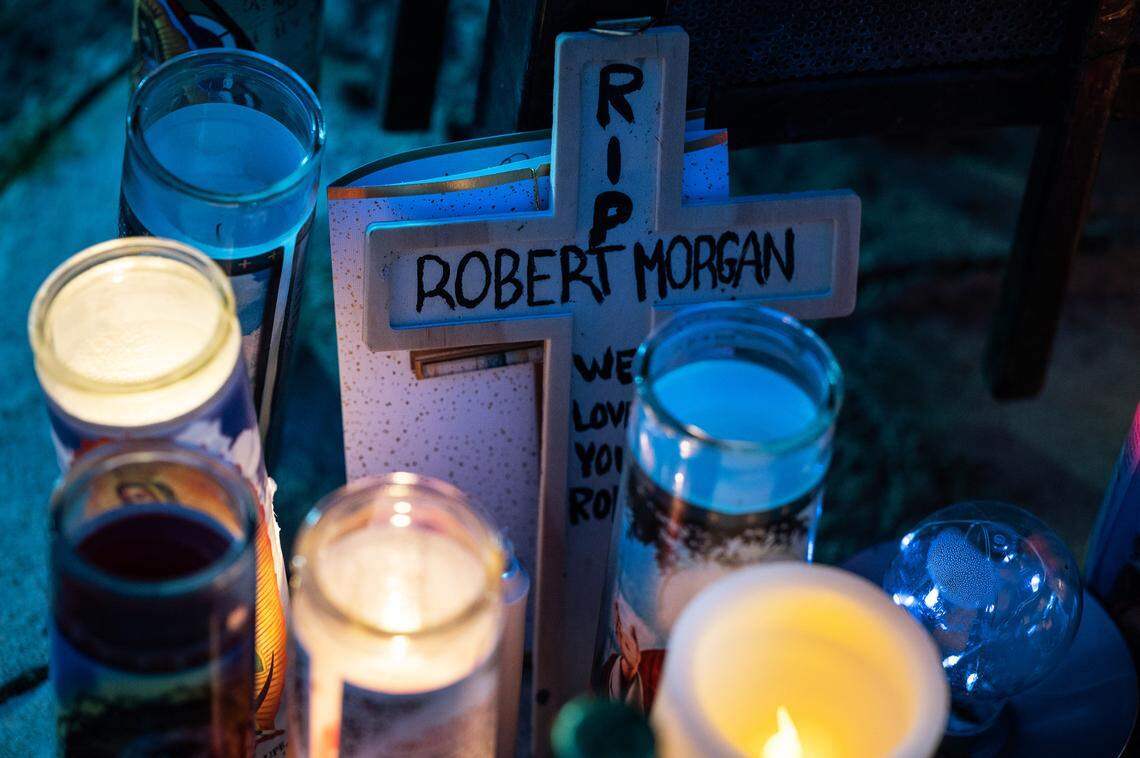 A second memorial fro Robert Morgan was placed outside The Udder Place bar in Turlock, Calif., Wednesday, Jan. 18, 2023.