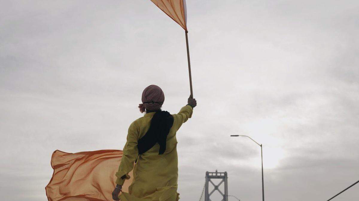 A Sikh demonstrator at the Dec. 5 protest on the Bay Bridge to show solidarity with farmers in India.