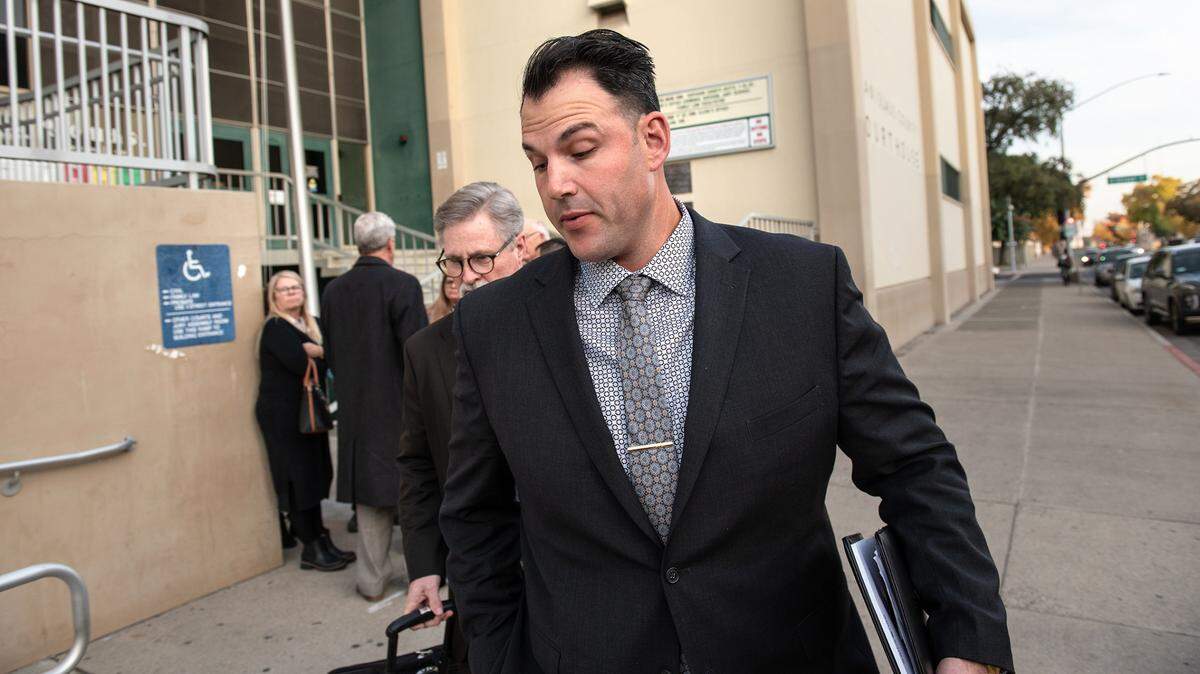 Joseph Lamantia leaves the Stanislaus County Superior Court in Modesto, Calif., Tuesday, Nov. 22, 2022. Lamantia, a former Modesto police officer, shot and killed Trevor Seever in 2020. A hearing is being held before Judge Carrie Stephens to determine whether there is enough evidence for Lamantia to stand trial.