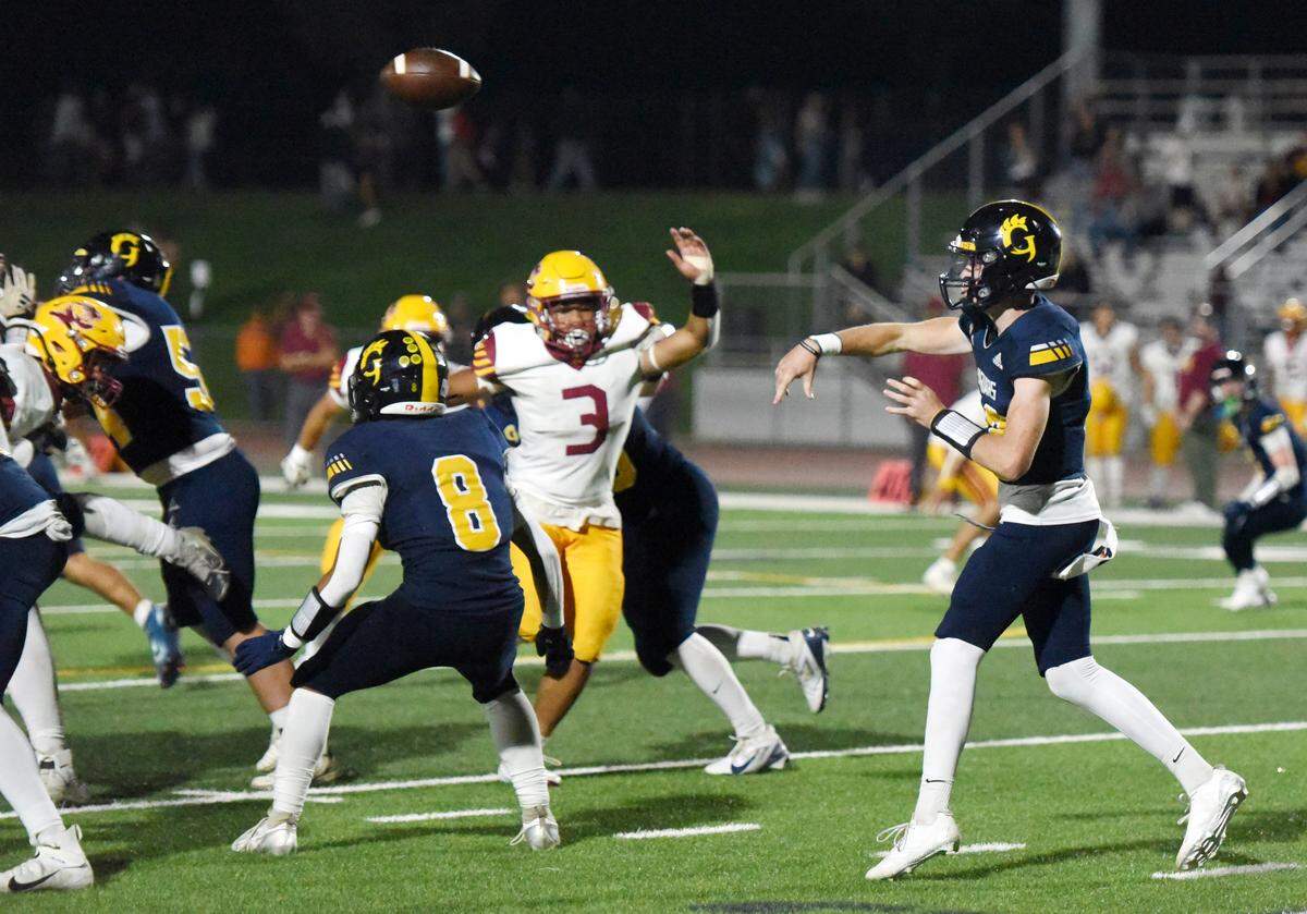 Gregori quarterback Mason Durao throws a pass during the game with Los Banos in Modesto, Friday, Sept. 19, 2025.  