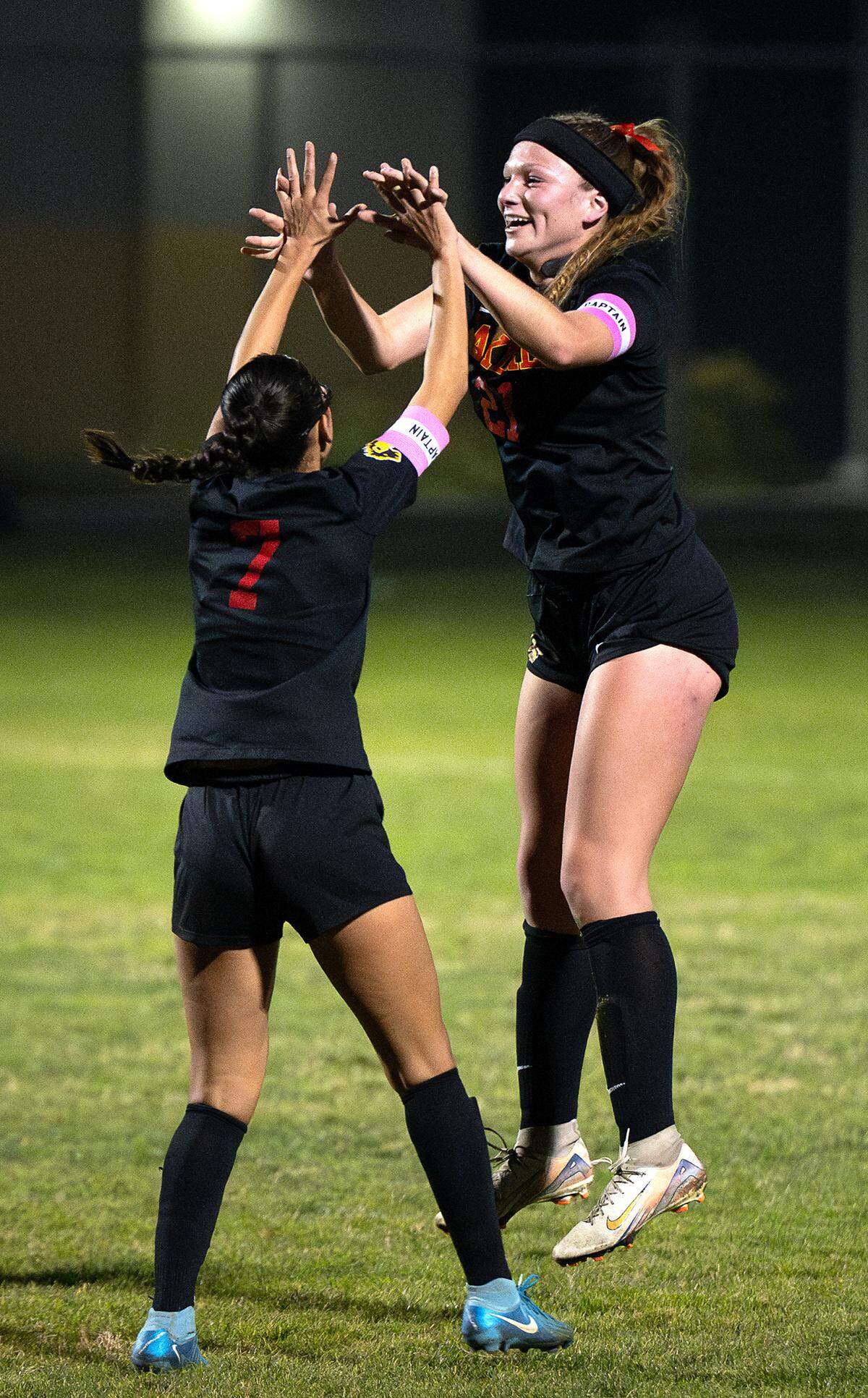 Oakdale’s Kyleigh Melconian celebrate a goal with teammate Jocelyn Gradilla (7) during the Valley Oak League game with East Union in Oakdale, Friday, Jan. 17, 2025.