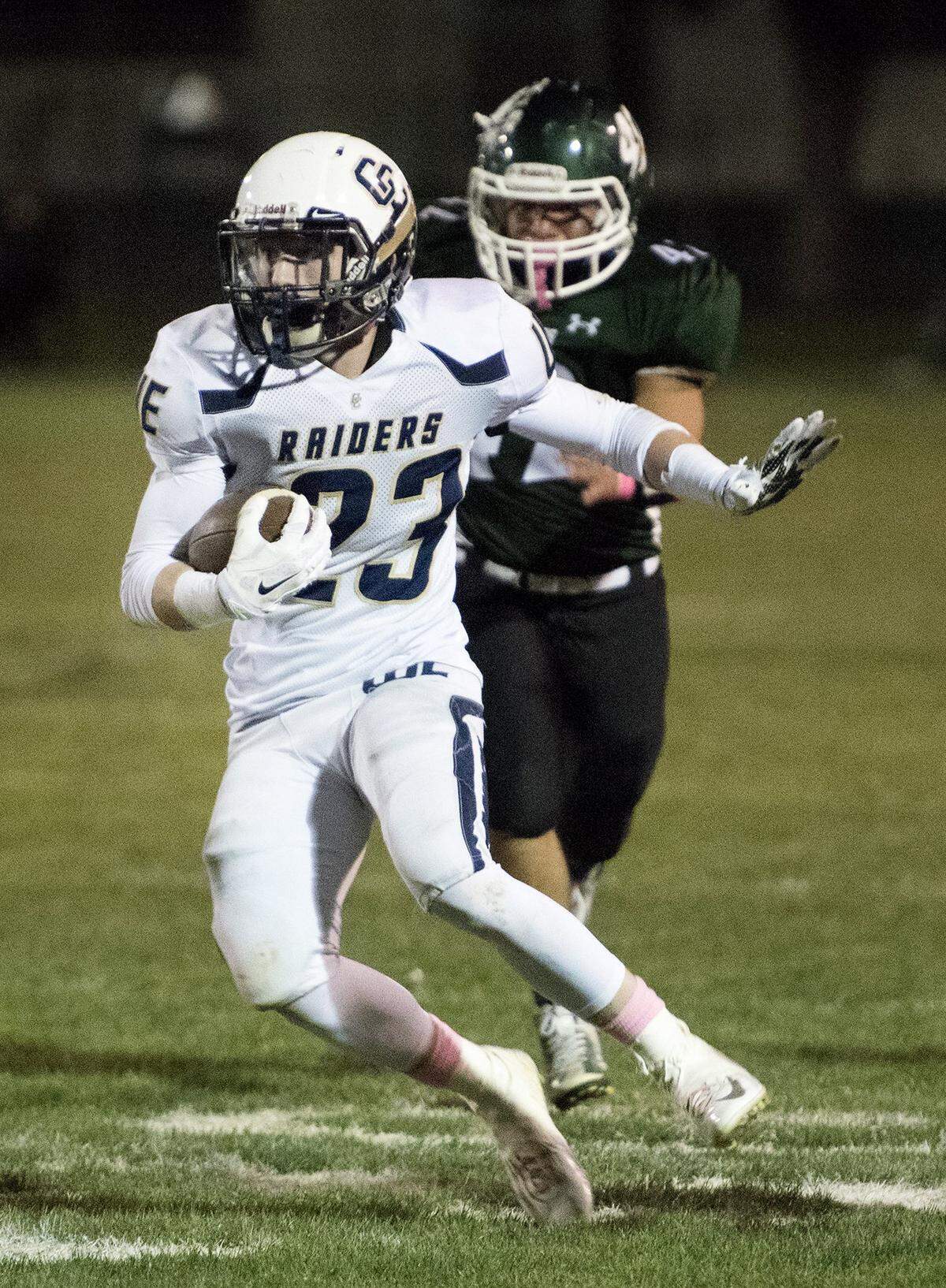 Central Catholic's Jared Rice returns a kick during the Valley Oak League game with Manteca at Manteca High School in Manteca, Calif., on Friday, October, 16, 2015. Central Catholic won the game 28-6.