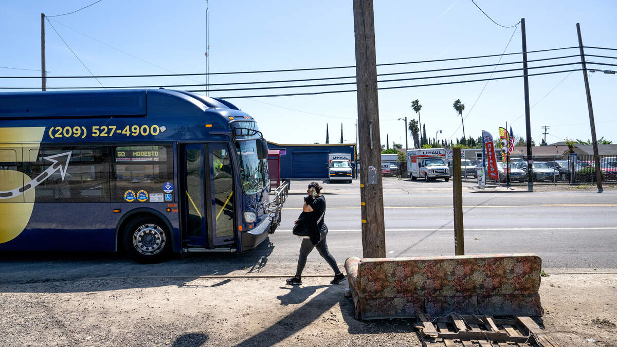 A StanRTA bus makes a stop on Yosemite Avenue in Empire, April 16, 2026.