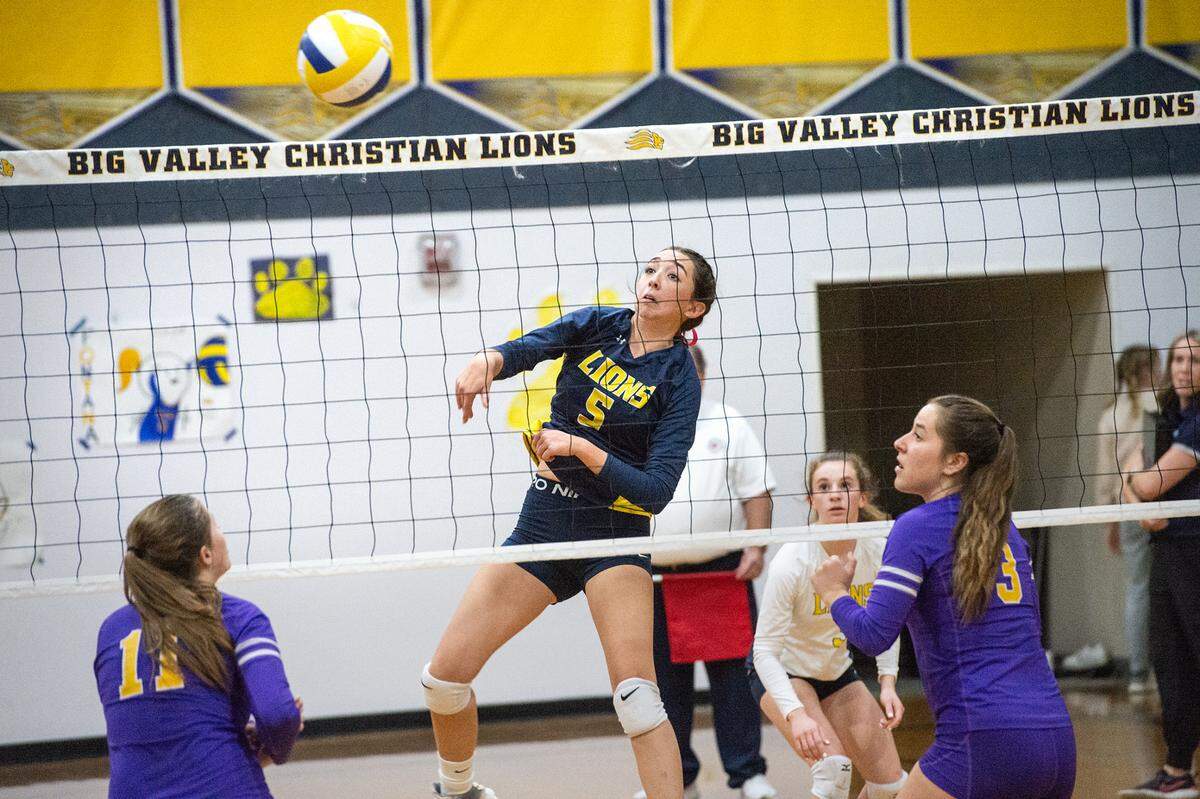 Big Valley Christian’s Cadance Ryland spikes the ball into the Minarets defense during the division 5 CIF Northern California Regional volleyball playoff match with Minarets High School at Big Valley High School in Modesto, Calif., Tuesday, Nov. 8, 2022. Big Valley Christian won the match 3-1.