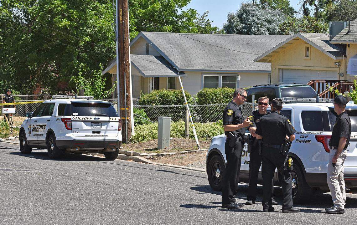 The deputy-involved shooting on Burneyville Road in Riverbank, Calif. on Tuesday morning, May 29, 2018, occurred inside or outside the home on the left, the Stanislaus County Sheriff's Department said.