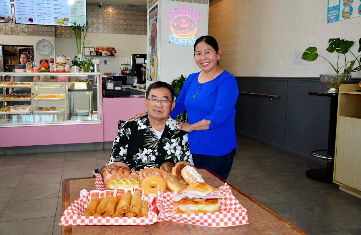 Sovanna’s Donuts husband-and-wife co-owners Boor Heng and Sovanna Lam in their downtown Gustine, California, shop.