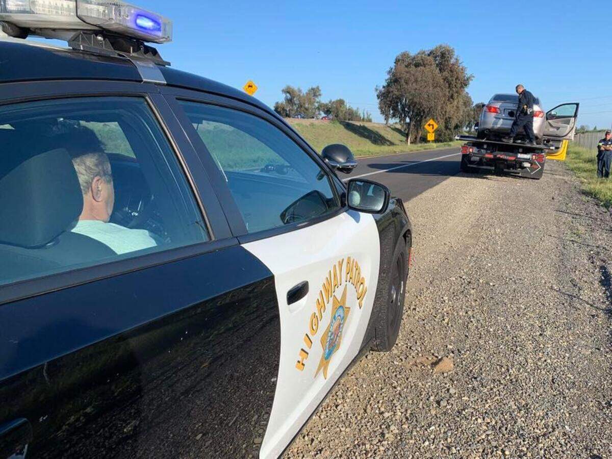 The scene on northbound Highway 99 at Mitchell Road where CHP Officer Jerry Gammon arrested a man for driving under the influence on Monday.