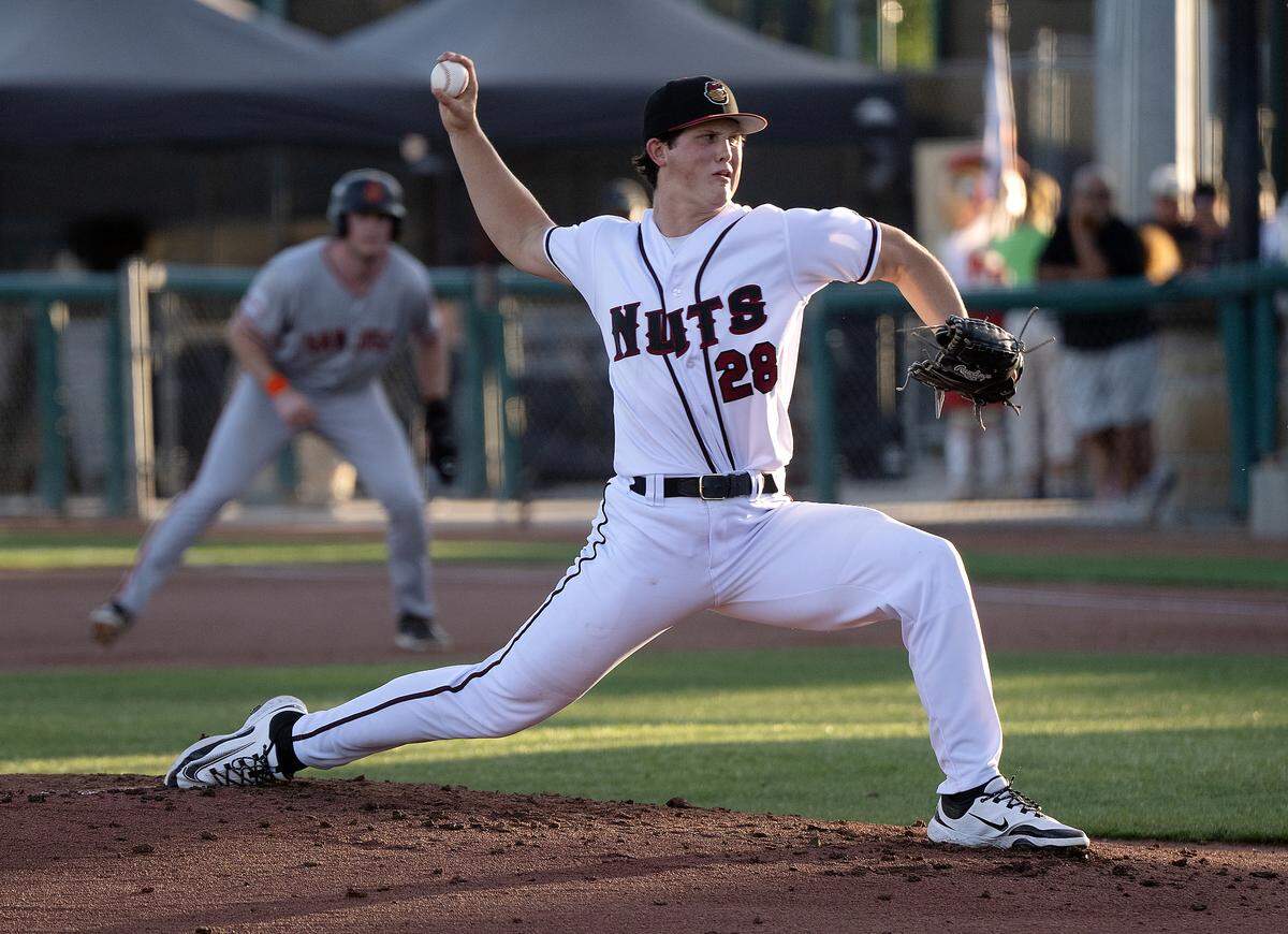 Modesto Nuts starter Ryan Sloan delivers a pitch during the California League game with the San Jose Giants at John Thurman Field in Modesto, Wednesday, June 18, 2025.