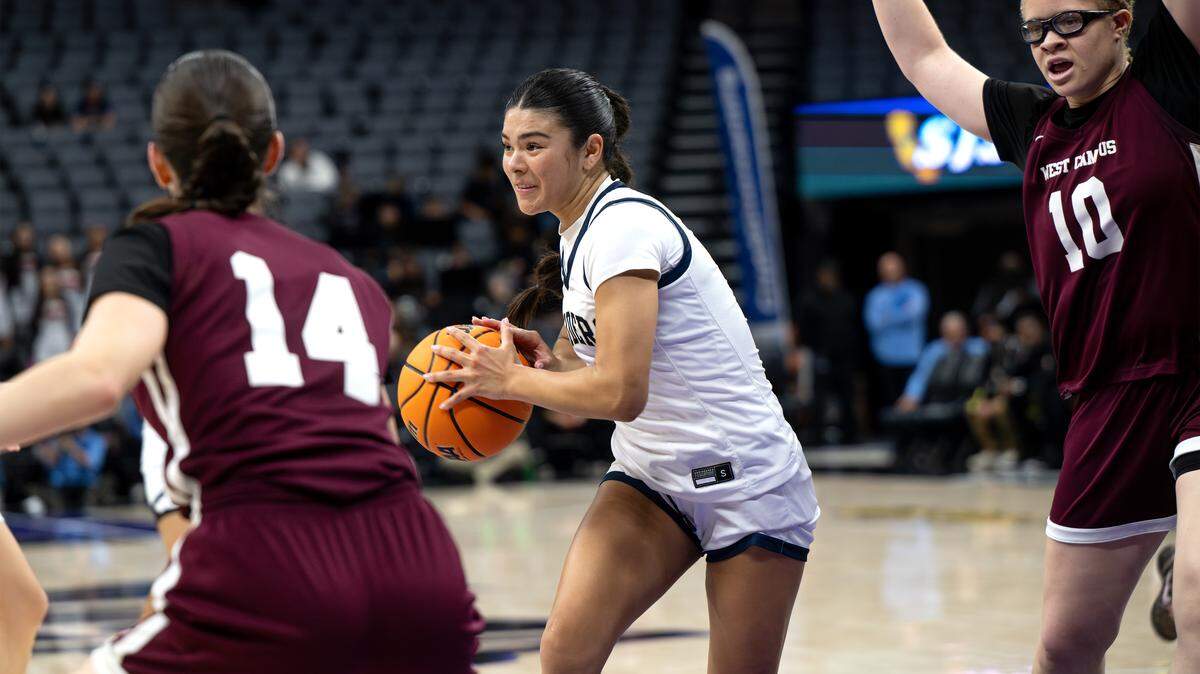 Central Catholic’s Hannah Garcia passes the ball during the Sac-Joaquin Section Division IV championship game with West Campus at the Golden 1 Center in Sacramento, Friday, Feb. 27, 2026.