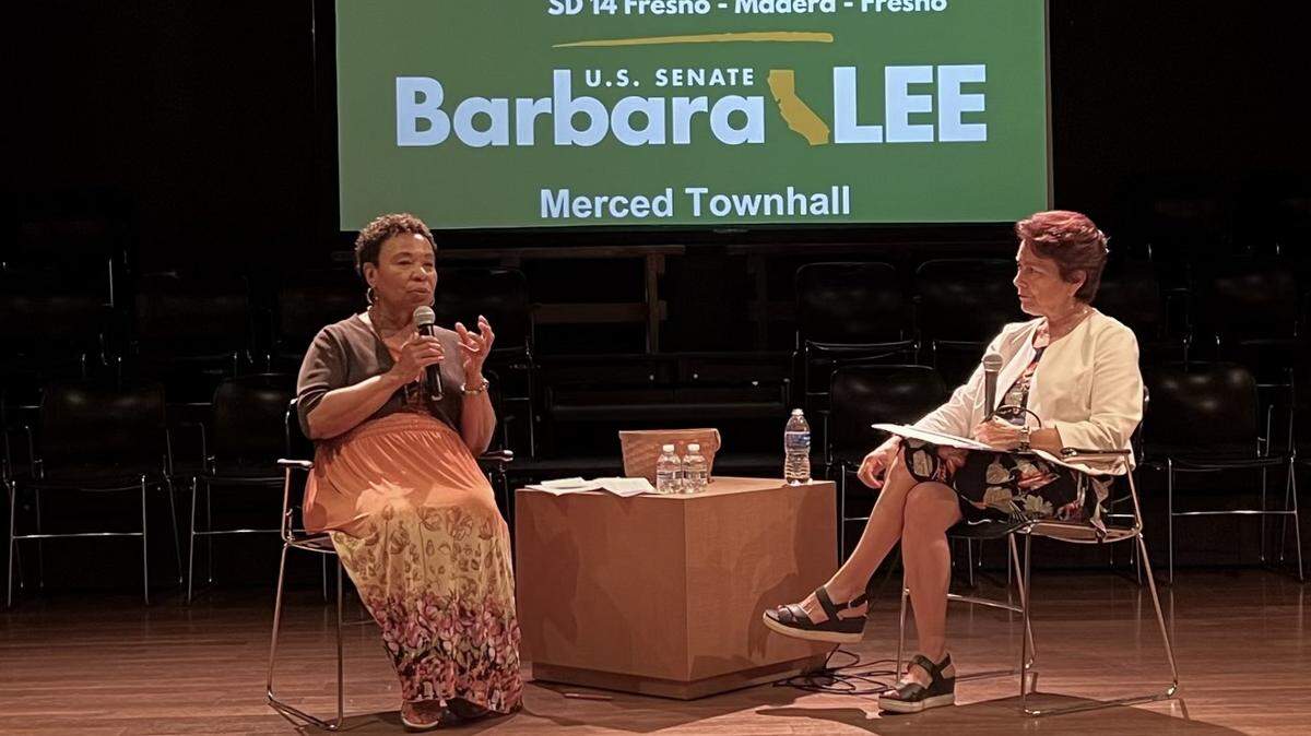 U.S. Rep. Barbara Lee, left, and state Sen. Anna Caballero talk during a town hall meeting Monday, July 3, 2023, in Merced.
