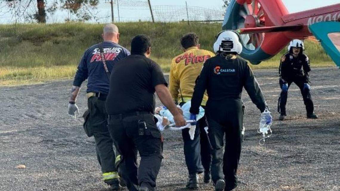 A 6-year-old Hilmar boy is carried to a CALSTAR air ambulance after a crash at a Stanislaus County off-road vehicle park on Saturday, April 6, 2024.