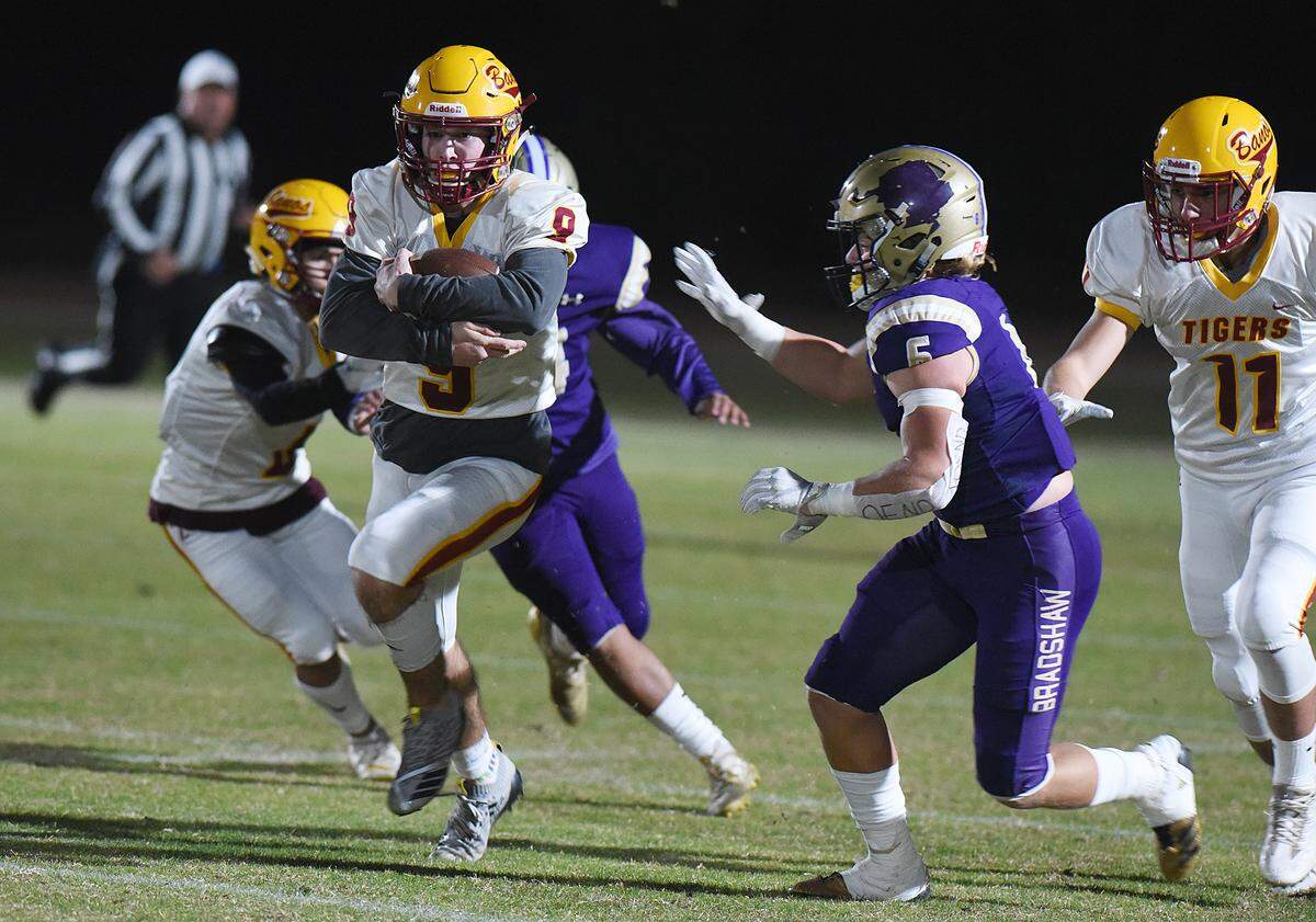 Los Banos running back, Justin Incaprera runs up the middle early in the first quarter against Bradshaw Christian High School in Elk Grove. Incaprera finished the night with 14 carries for 146 yards and caught three passes for 23 yards and finished the 2019 season with 2,003 in rushing and receiving.