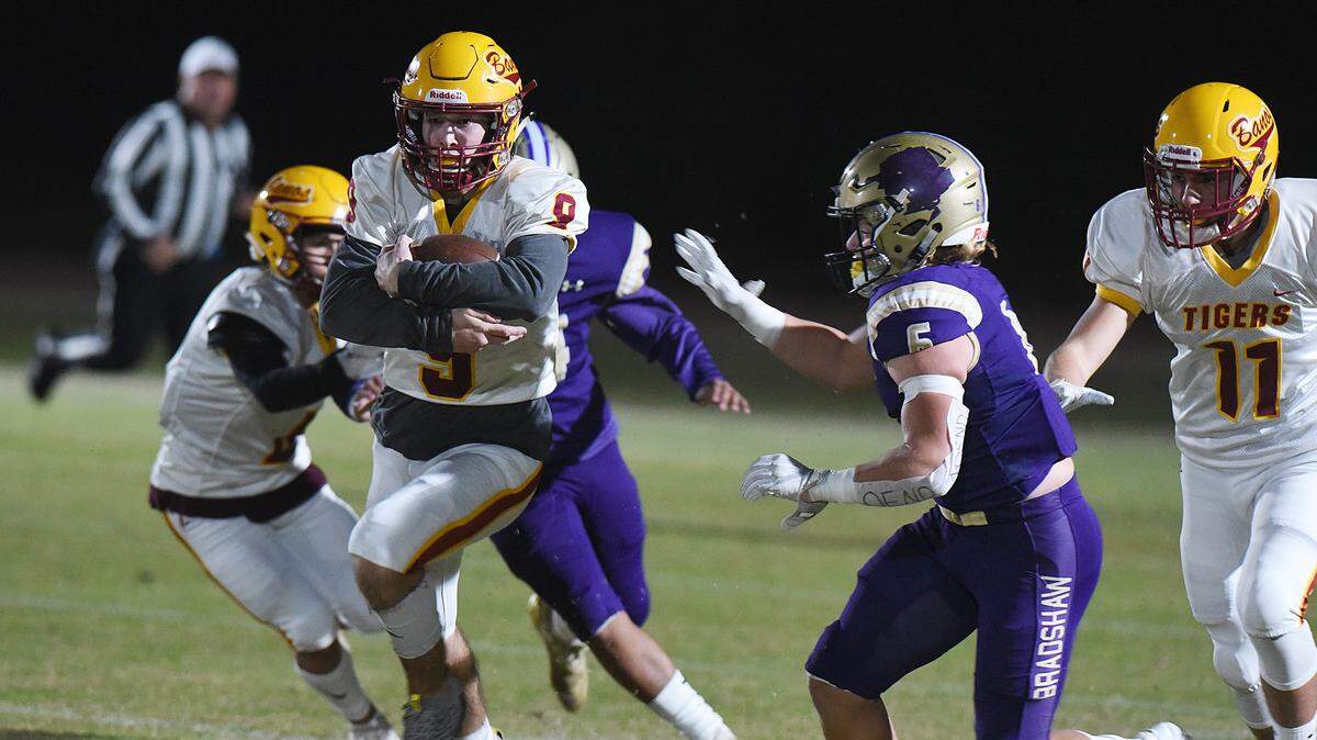 Los Banos running back, Justin Incaprera runs up the middle early in the first quarter against Bradshaw Christian High School in Elk Grove. Incaprera finished the night with 14 carries for 146 yards and caught three passes for 23 yards and finished the 2019 season with 2,003 in rushing and receiving.