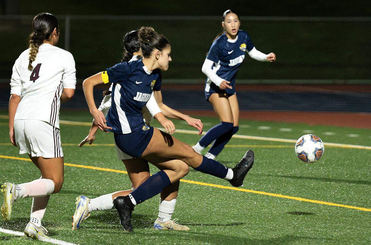 Gregori’s Kylie Farmer scores a goal on Central Valley in the Sac-Joaquin section DI playoff match at Gregori High School in Modesto, Tuesday, Feb. 18, 2025. Gregori won the match 1-0.