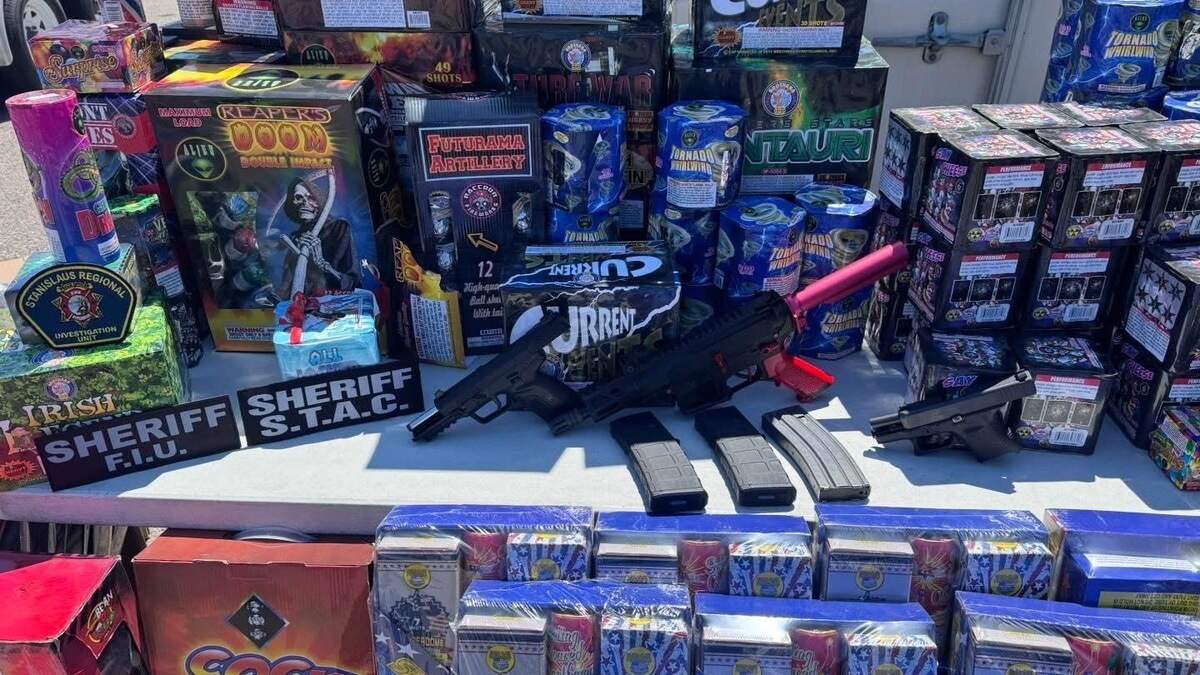 Investigators with the Stanislaus Regional Fire Investigation Unit and Stanislaus County Sheriff’s Office seized more than 500 pounds of illegal fireworks and three firearms, including a suspected illegally modified short-barreled rifle, during a June 17 search warrant at a residence on Albion Way in Modesto. One suspect was arrested.