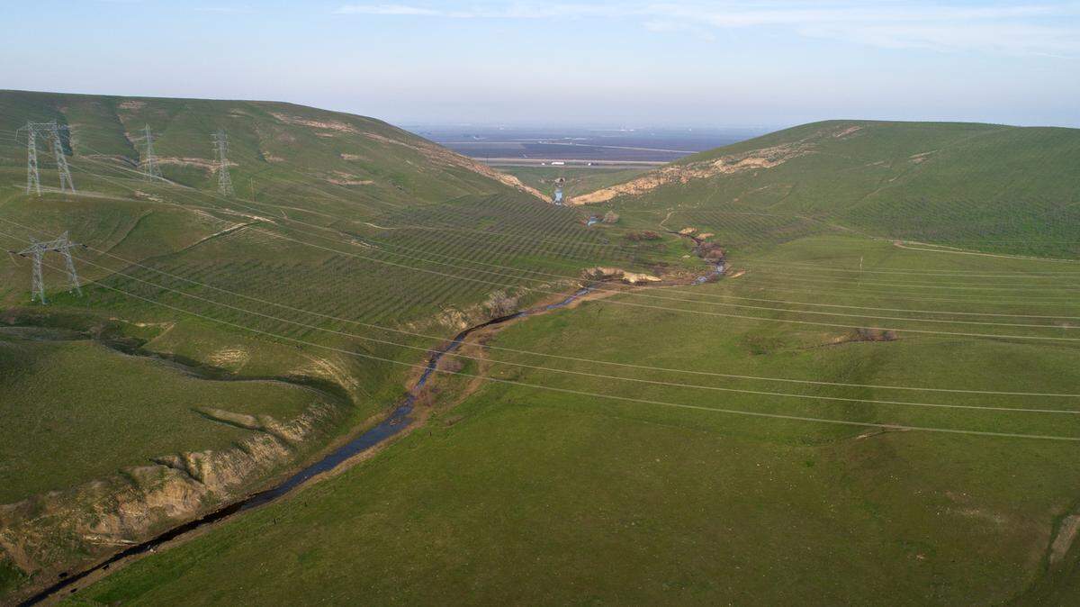 Proposed site for the Del Puerto Canyon Reservoir looking east towards Interstate 5 and Patterson.