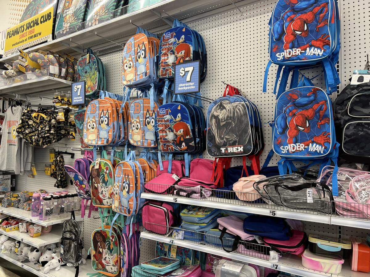 Backpacks for sale at Five Below in Modesto.
