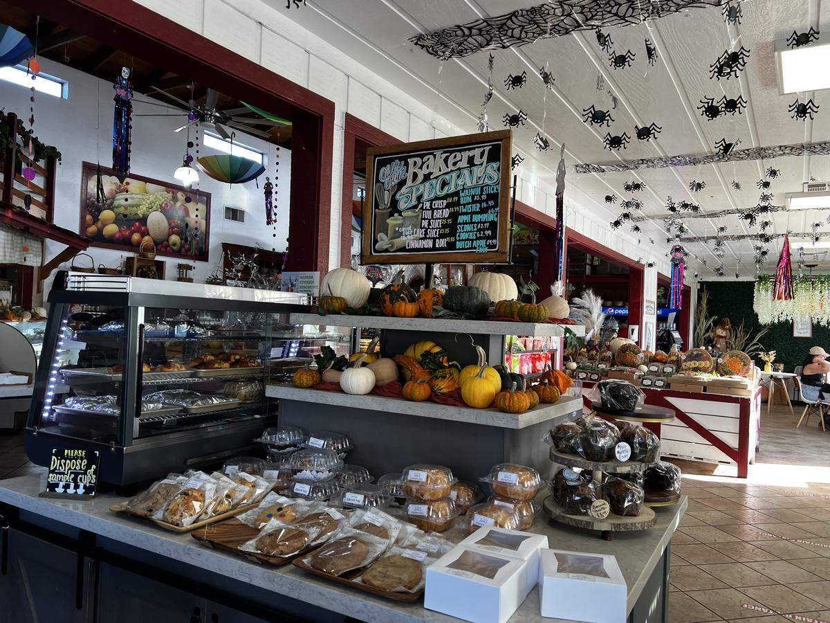 The bakery at Resendiz Family Fruit Barn offers pie slices for $5.45, scones for $2.49, cookies for $2.99 and cake slices for $5.45.
