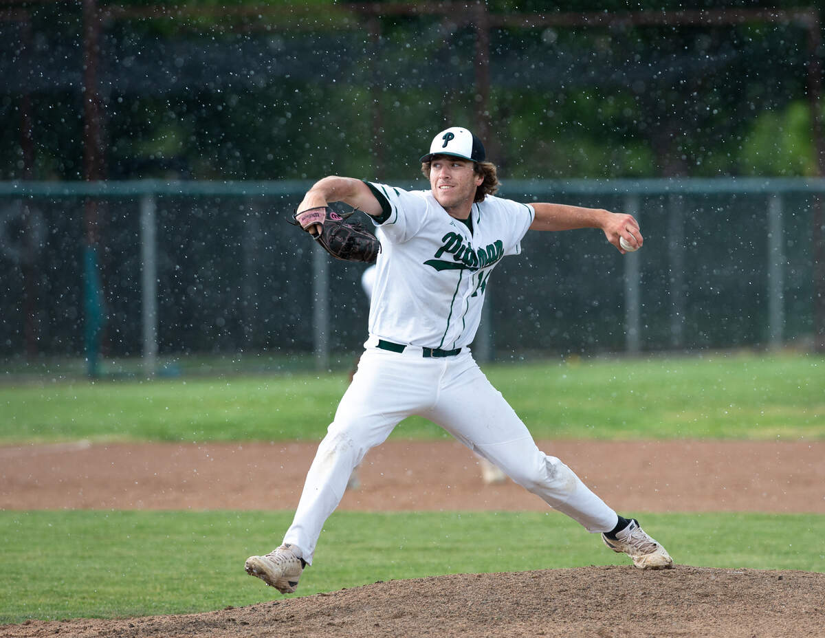 Pitman’s Andrew Balentine delivers a pitch during the Central California Athletic League game with Downey at Pitman High School in Turlock, Calif., Tuesday, May 2, 2023.