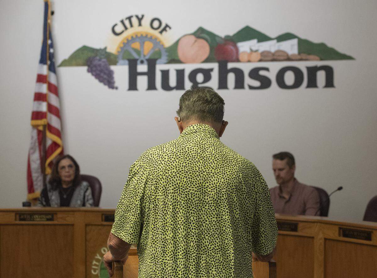 Hughson Mayor George Carr addresses the City Council from the podium on May 26 after recusing himself from agenda items involving his censure and removal from committee assignments.
