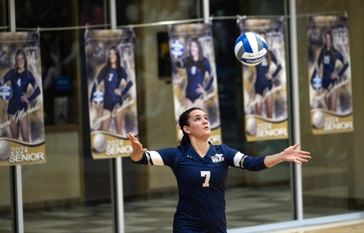 Central Catholic’s Sophia Castillon serves the ball during the first round D3 playoff game with Linden at Central Catholic High School in Modesto, Calif., Tuesday, Oct. 24, 2023.
