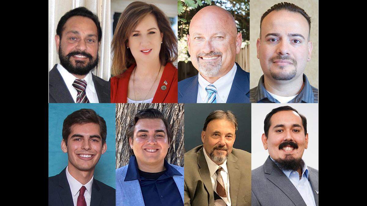 Ceres City Council candidates. Top District 3 (L-R): Mohinder Kanda, Brandy Meyer, Bret Silveira and Juan Vazquez. Bottom District 4 (L-R): Couper Condit, Eric Angel Gonzalez, Mike Kline and Daniel Martinez.