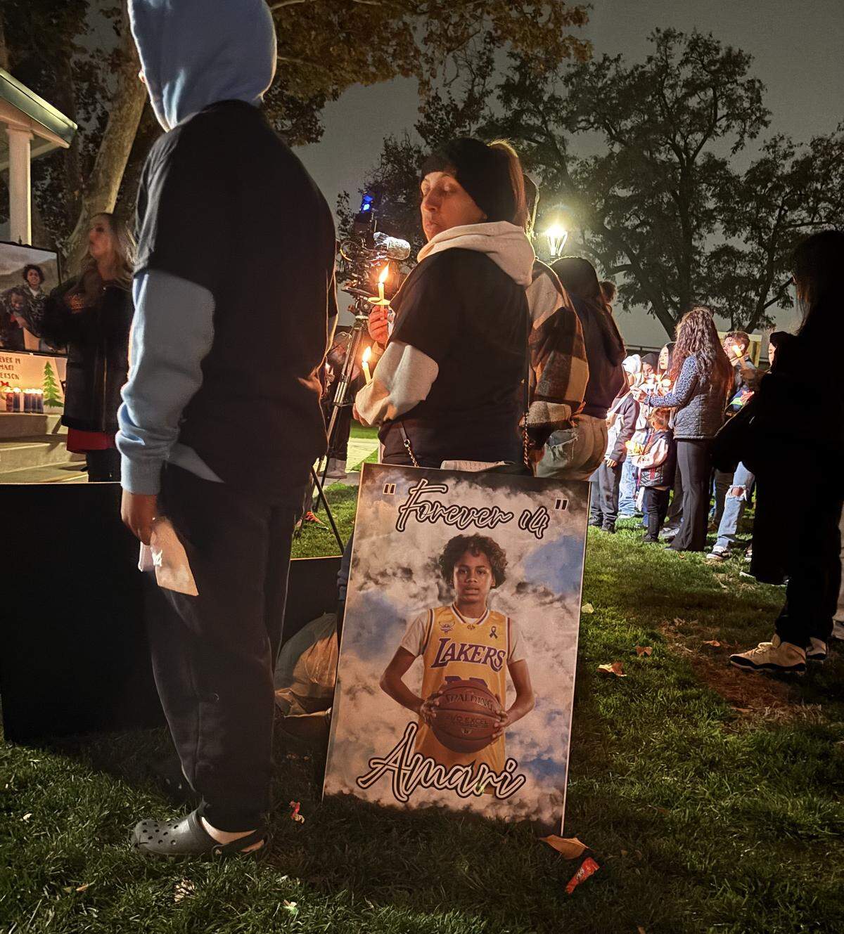 Mourners gather at a vigil in Ceres for homicide victim Amari Peterson of Modesto on Tuesday, Dec. 9, 2025.