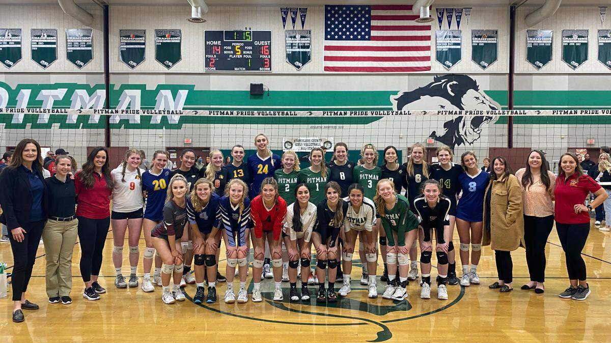 Members of the large-school teams pose for a picture after their match at the third annual Stanislaus District Volleyball All-Star Game at Pitman High School on Sunday, Dec. 5, 2021.
