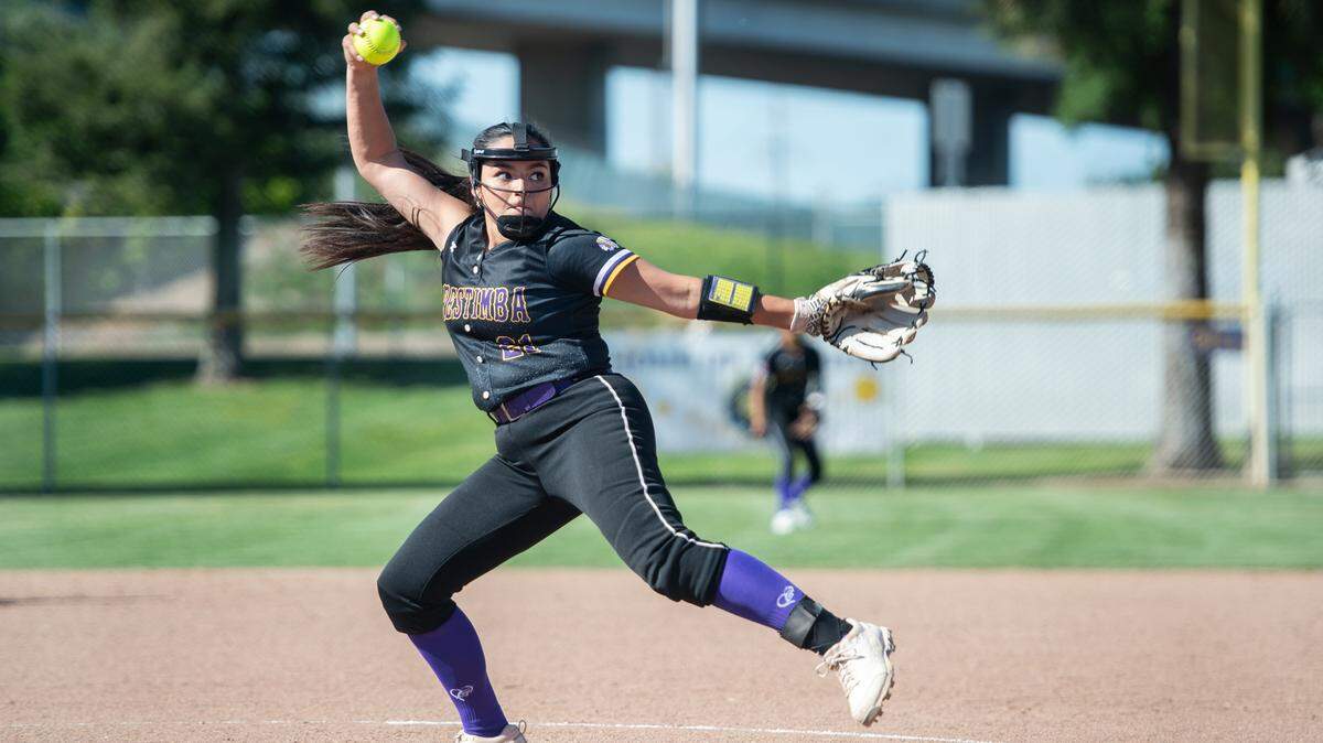 Orestimba’s Jacquelyn Lujan delivers a pitch during the Southern Athletic League game with Ripon Christian at Ripon Christian High School in Ripon, Calif., Thursday, April 20, 2023.